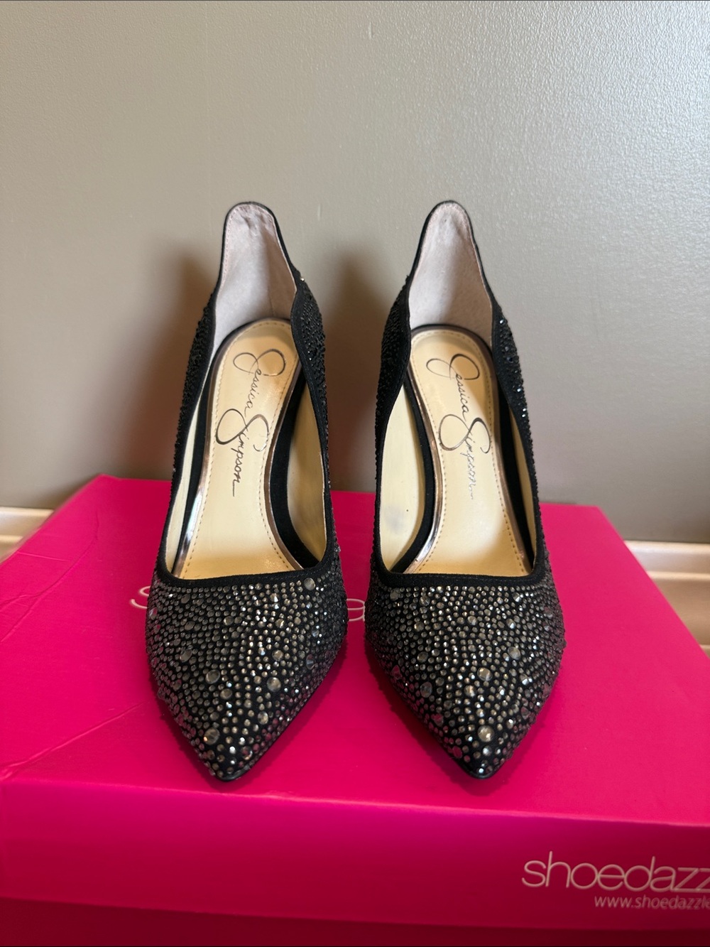 Jessica Simpson Black Crystal-Embellished Pointed Pumps